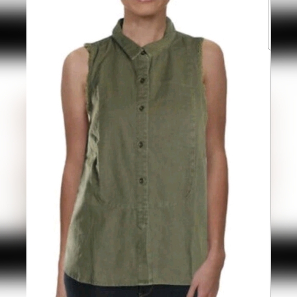 Free People Womens Olive Green Linen Distressed Tank M - Picture 1 of 13